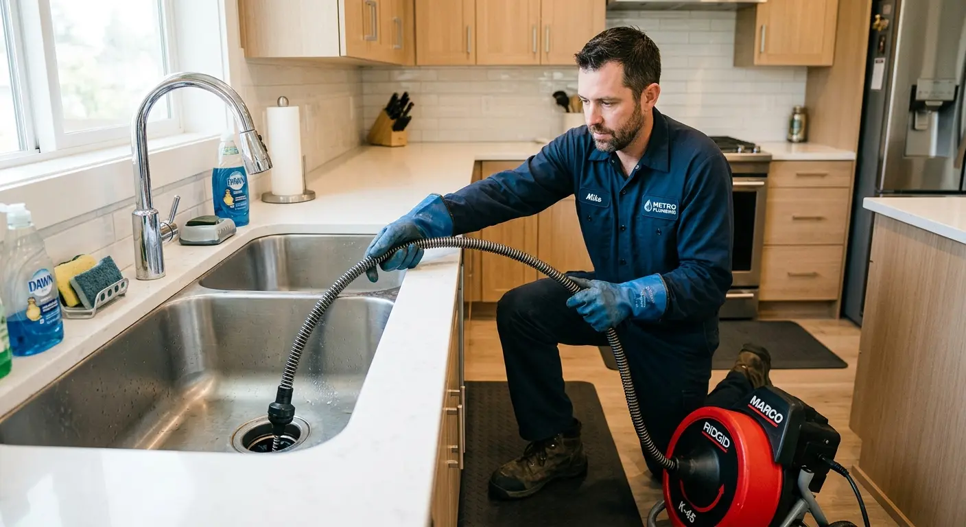Drain cleaning technician using a motorized snake on a kitchen sink in Davison