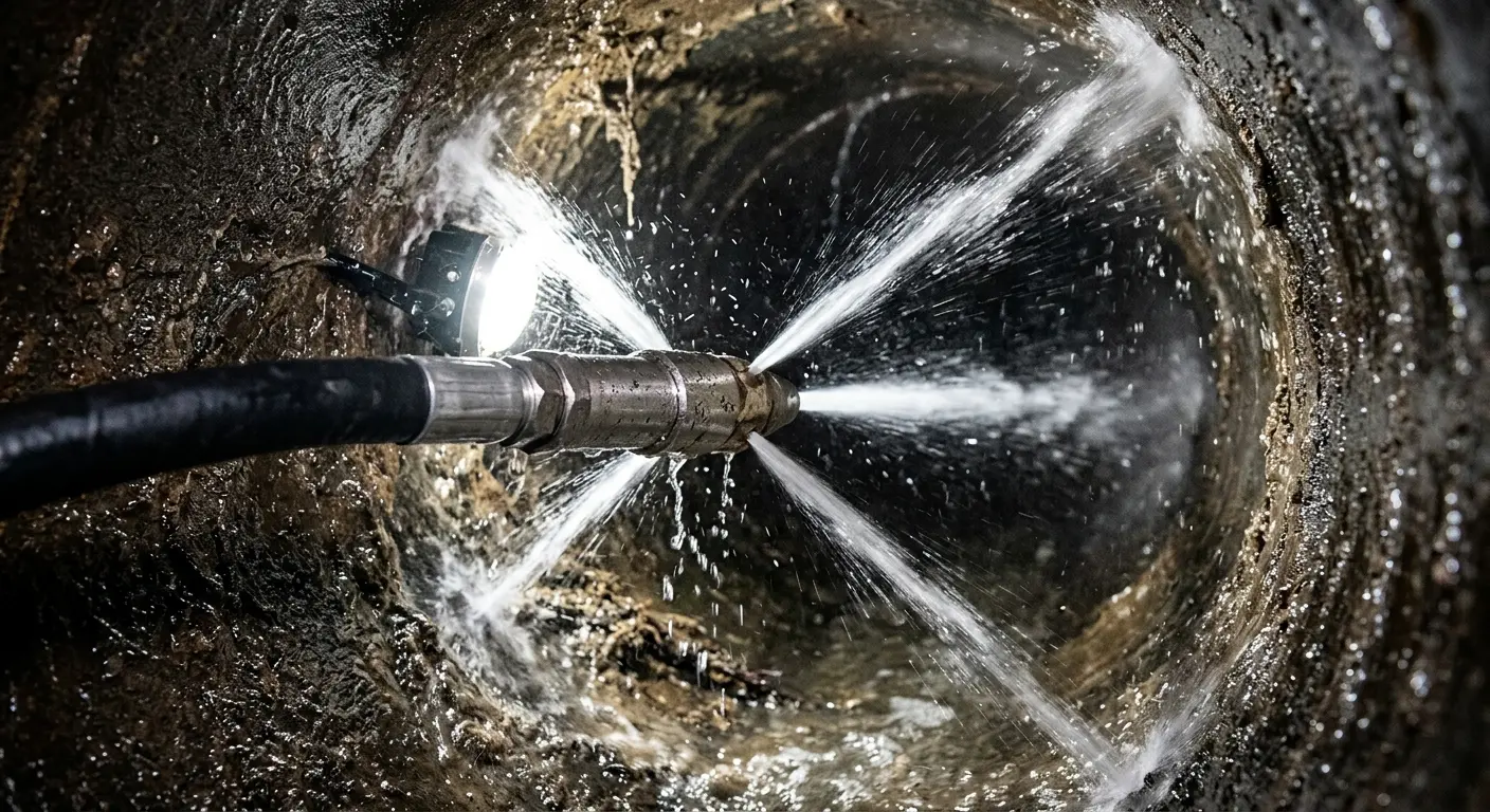 High-pressure hydro jetting nozzle cleaning sewer pipe for Emergency Drain Service in Davison