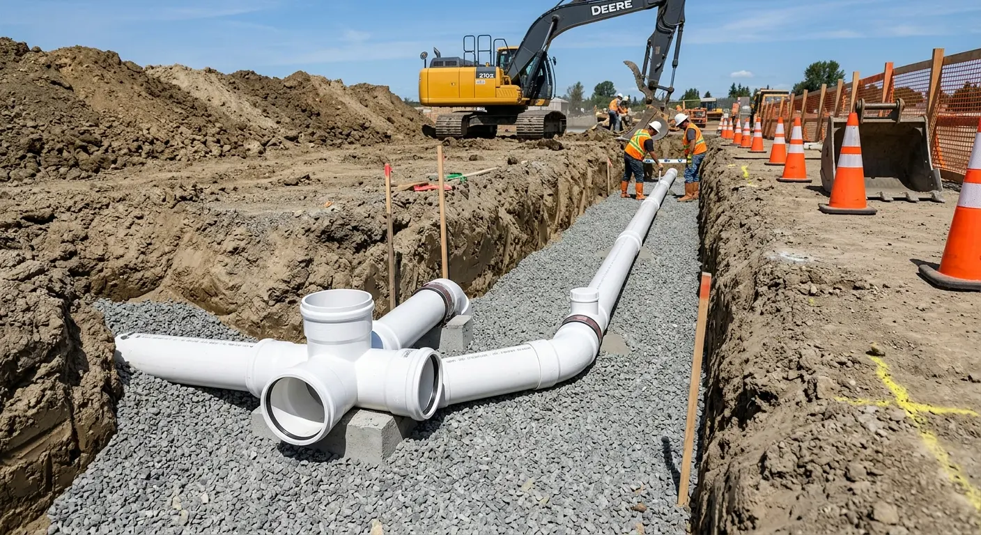 New PVC sewer pipe installation in open trench for Grease Trap Cleaning in Davison