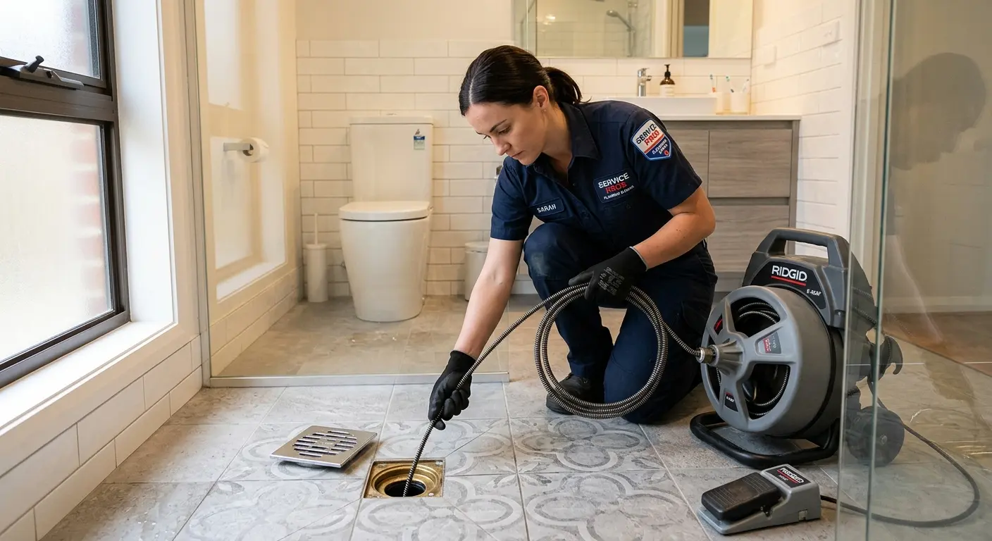 Technician clearing a bathroom floor drain for Sewer Line Replacement in Davison
